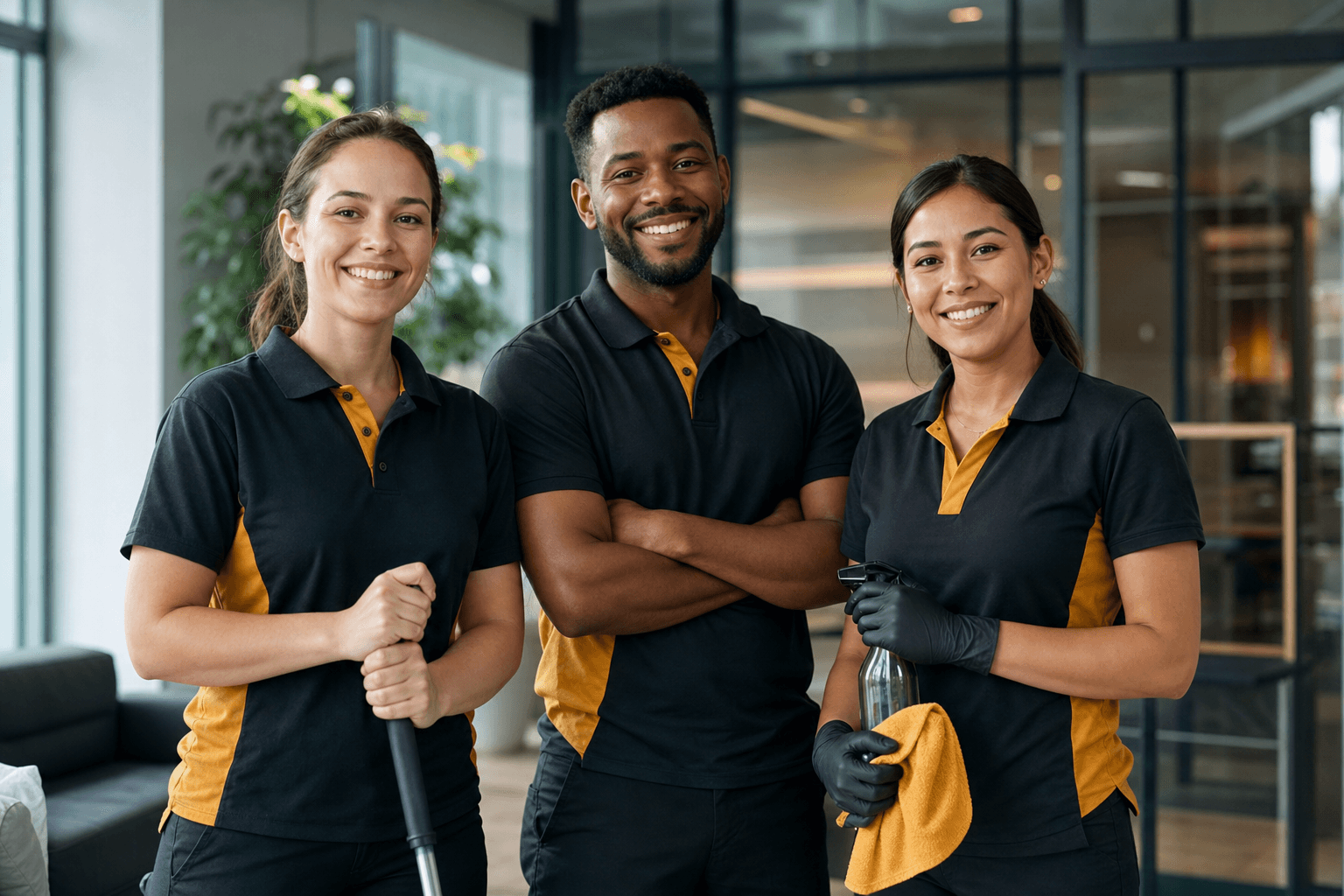 Équipe de nettoyage souriante, uniforme noir et jaune, au sein d'un bureau moderne. Personnel professionnel et accueillant.