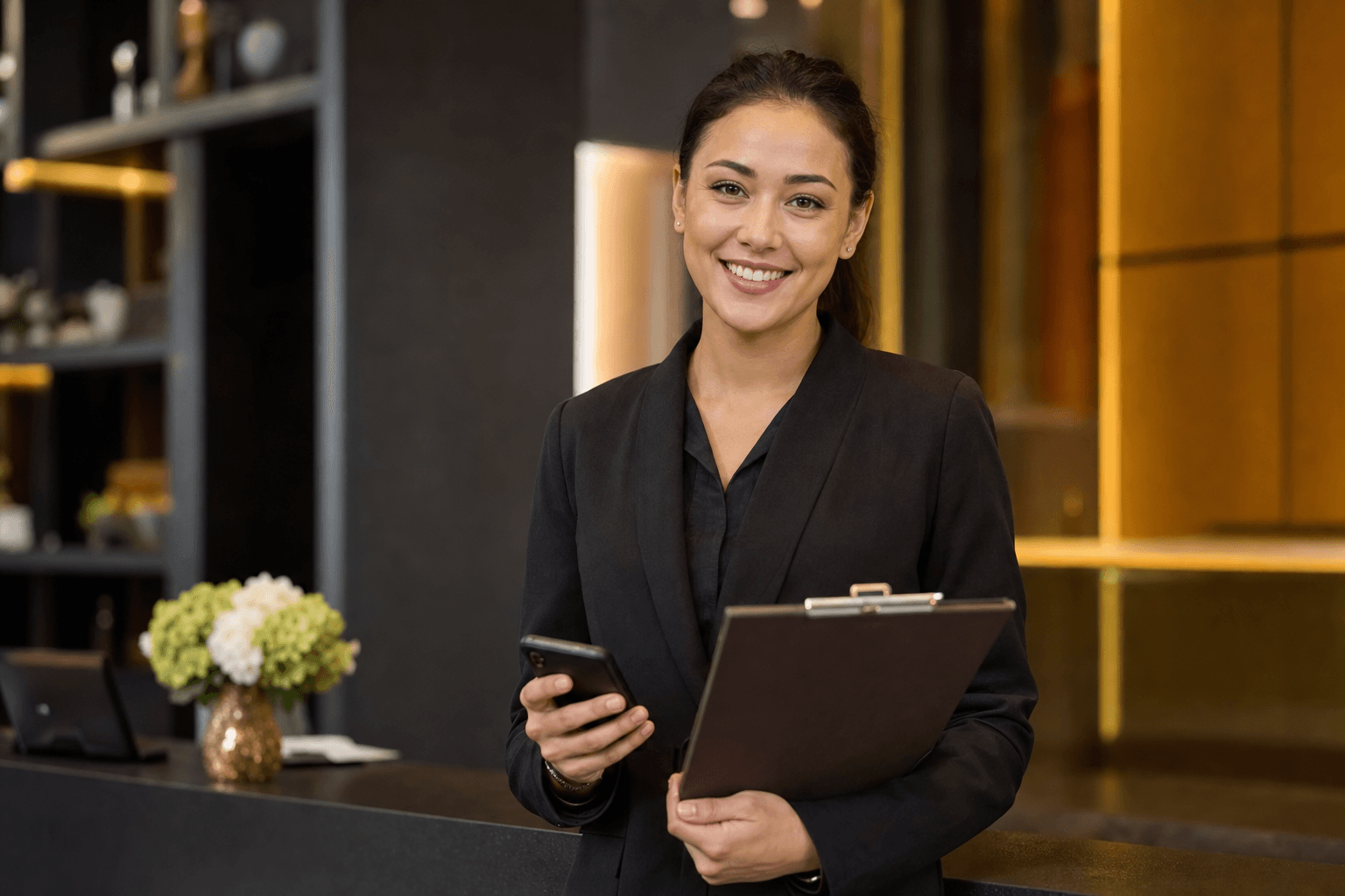 Femme souriante portant un costume professionnel, tenant un téléphone et un dossier, devant un environnement élégant.