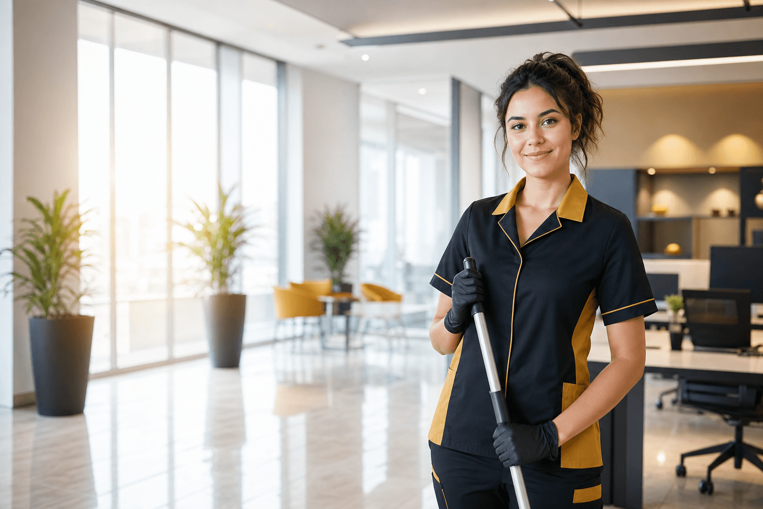 Une employée souriante dans un bureau moderne, prête à effectuer des prestations de nettoyage soignées.
