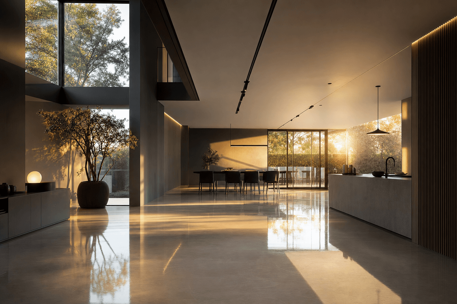 Intérieur moderne, lumineux, avec de grandes fenêtres offrant une vue sur un jardin. Sol en béton poli et mobilier contemporain.