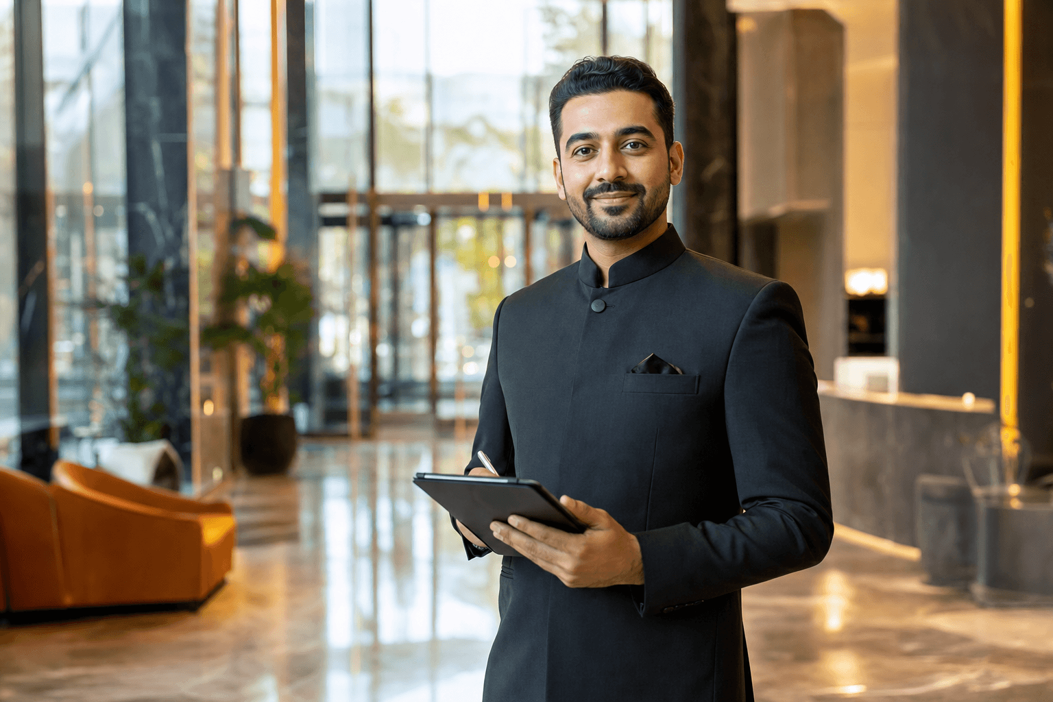 Un professionnel souriant dans un élégant hall d'accueil, tenant une tablette, prêt à offrir des services de conciergerie technique.