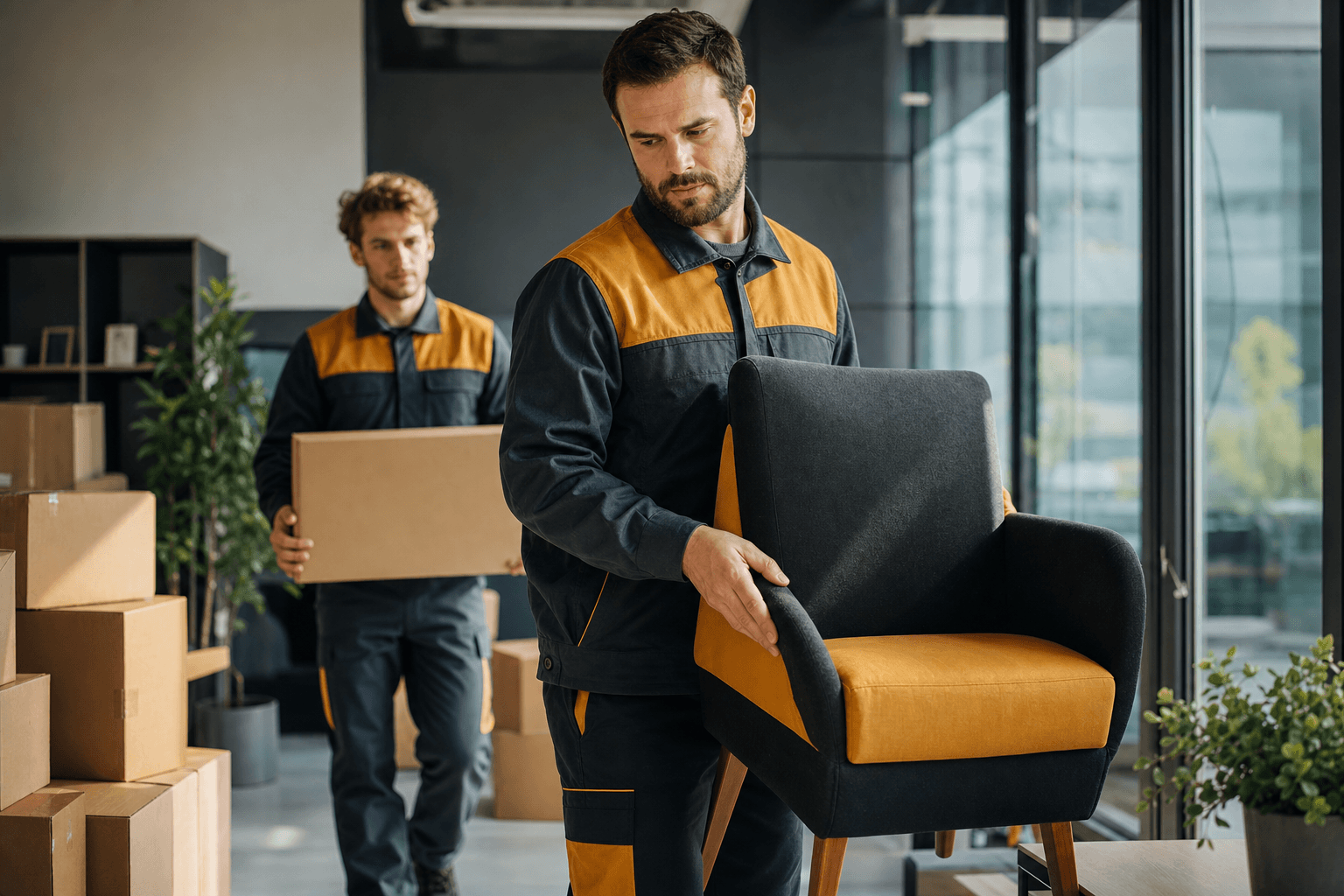 Deux hommes en uniforme transportent des meubles dans un bureau moderne. L'environnement est lumineux et bien aménagé.